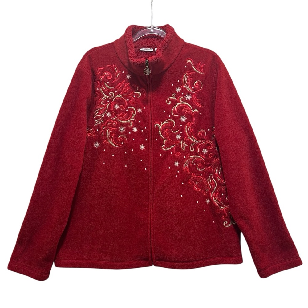 Croft & Barrow Red Festive Holiday Cozy Embroidered Full Zip Fleece Jacket Sz L